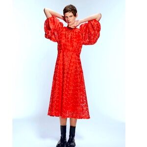 Zara S-M Bright Orange Coral embroidered midi dress